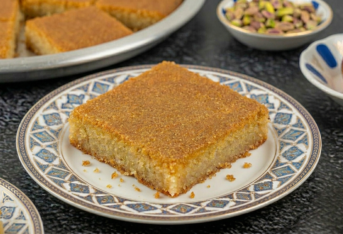 You are currently viewing البسبوسة بمقادير مضبوطة – طريقة عمل البسبوسة بقوام مرمل ومتماسك في المنزل