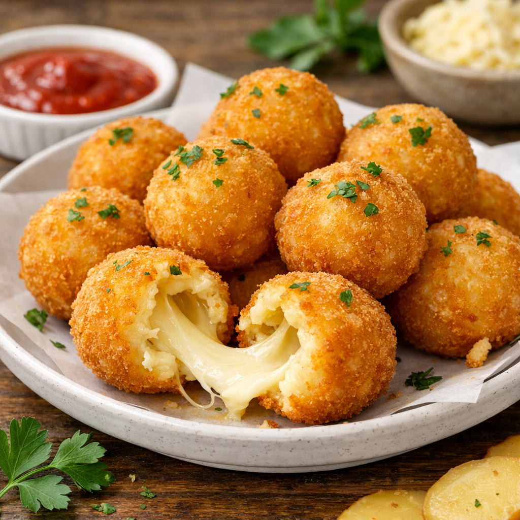 You are currently viewing كرات البطاطس المقرمشة بالجبن سهلة ولذيذة في المنزل