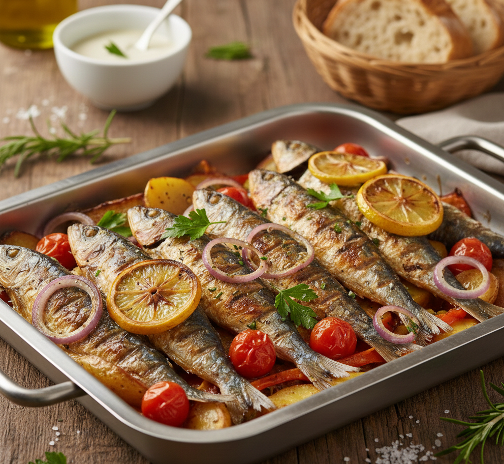 You are currently viewing صينية السردين بالليمون والخضروات – طعم بحري أصيل بلمسة شيف تيتا