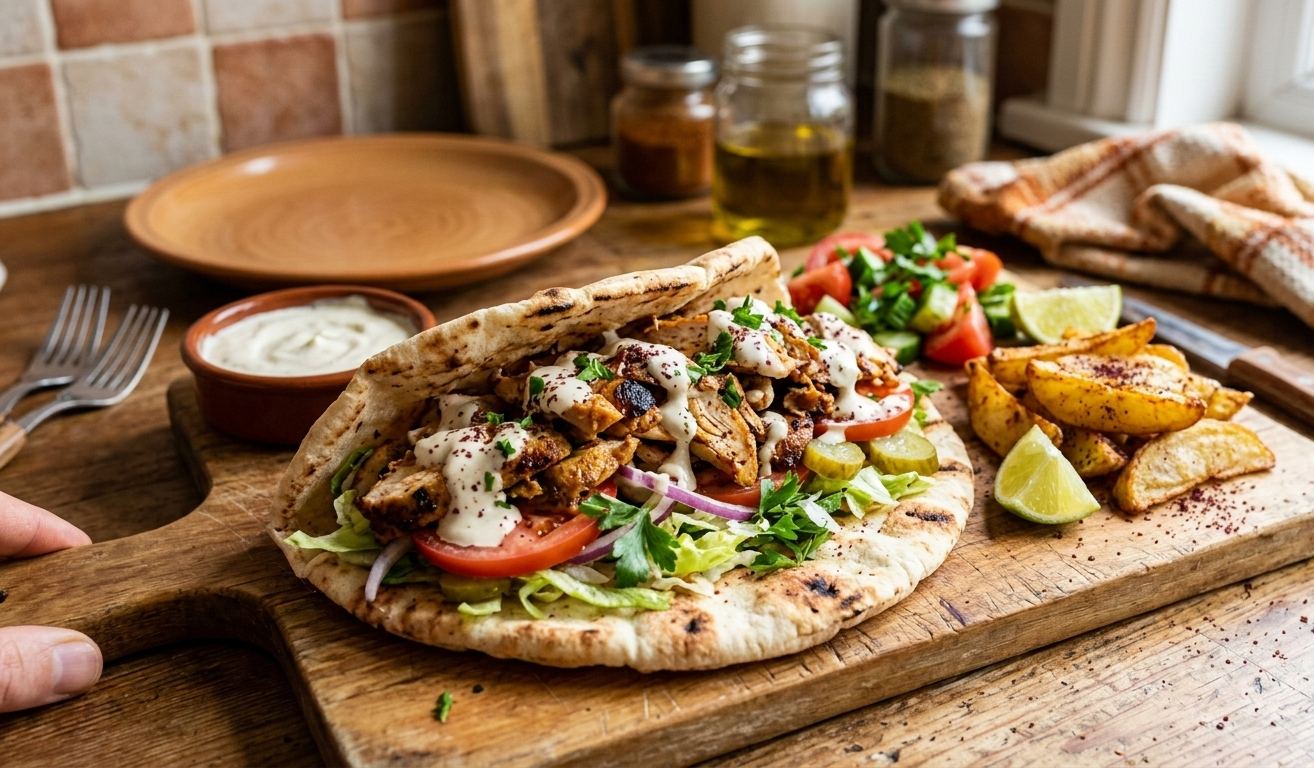 You are currently viewing شاورما الدجاج التركية – أسرار التتبيلة الحمراء والخبز الممسوح بالدهن مع شيف تيتا