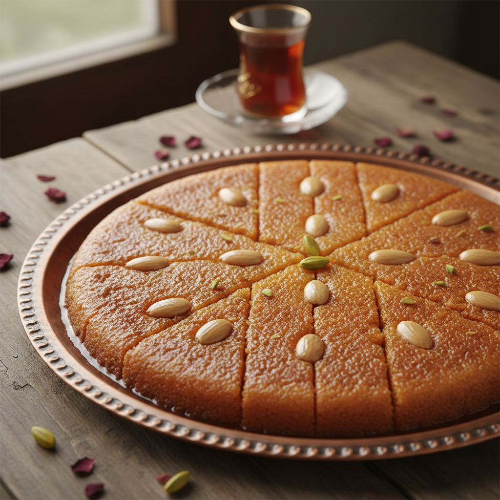 You are currently viewing البسبوسة المصرية المرملة – أسرار “تكة البسبوسة” واللون الذهبي مع شيف تيتا