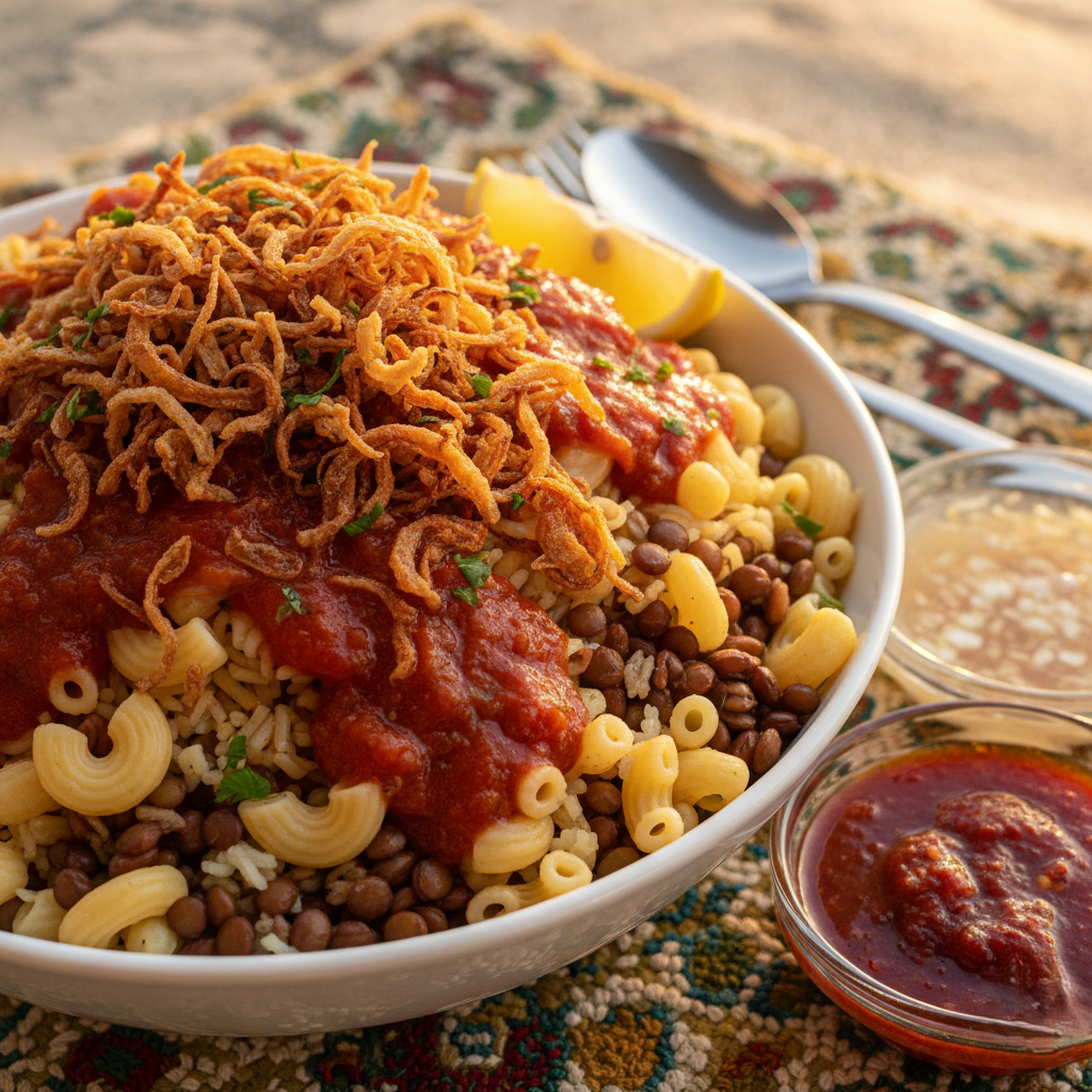 You are currently viewing الكشري المصري الأصلي – أسرار الصلصة والدقة والبصل المقرمش مع شيف تيتا