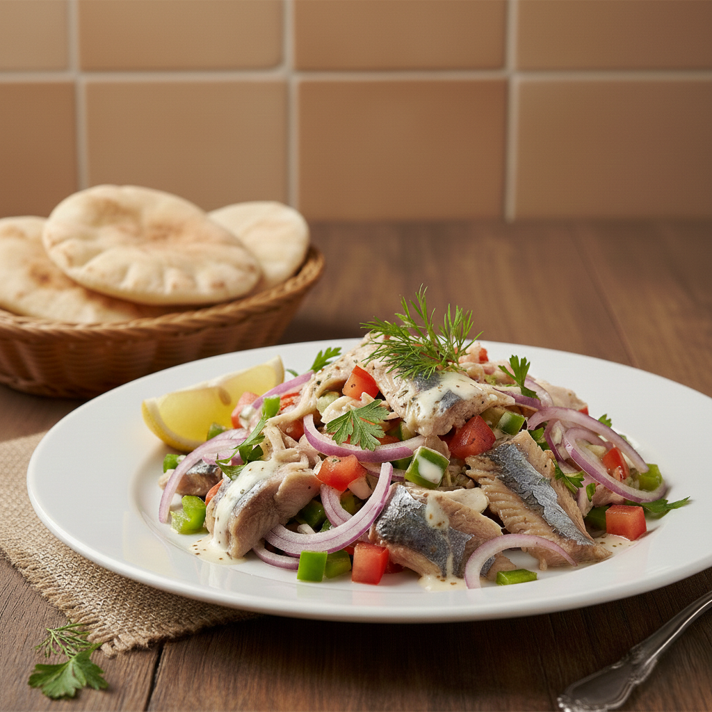 You are currently viewing سلطة الرنجة بالطحينة والخضروات – سر الطعم المتوازن والنكهة المدخنة مع شيف تيتا