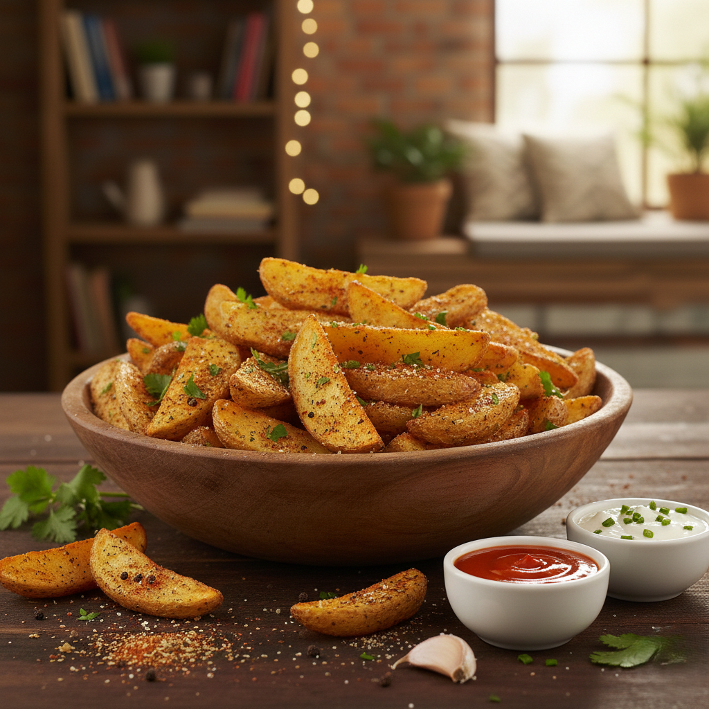 You are currently viewing طريقة عمل البطاطس الودجز المتبلة (مقرمشة من الخارج وهشة من الداخل)