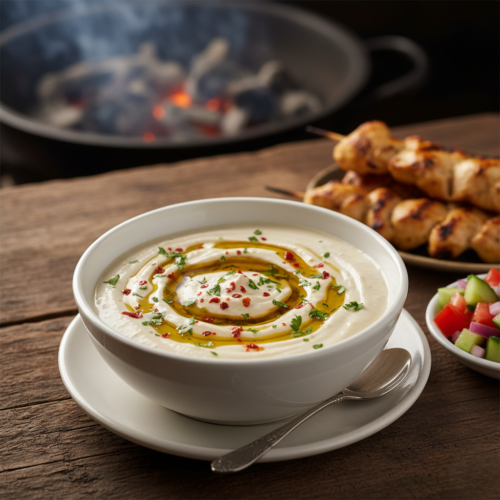 You are currently viewing طريقة عمل سلطة الطحينة للمشويات (السر في القوام الكريمي والمذاق المتوازن)