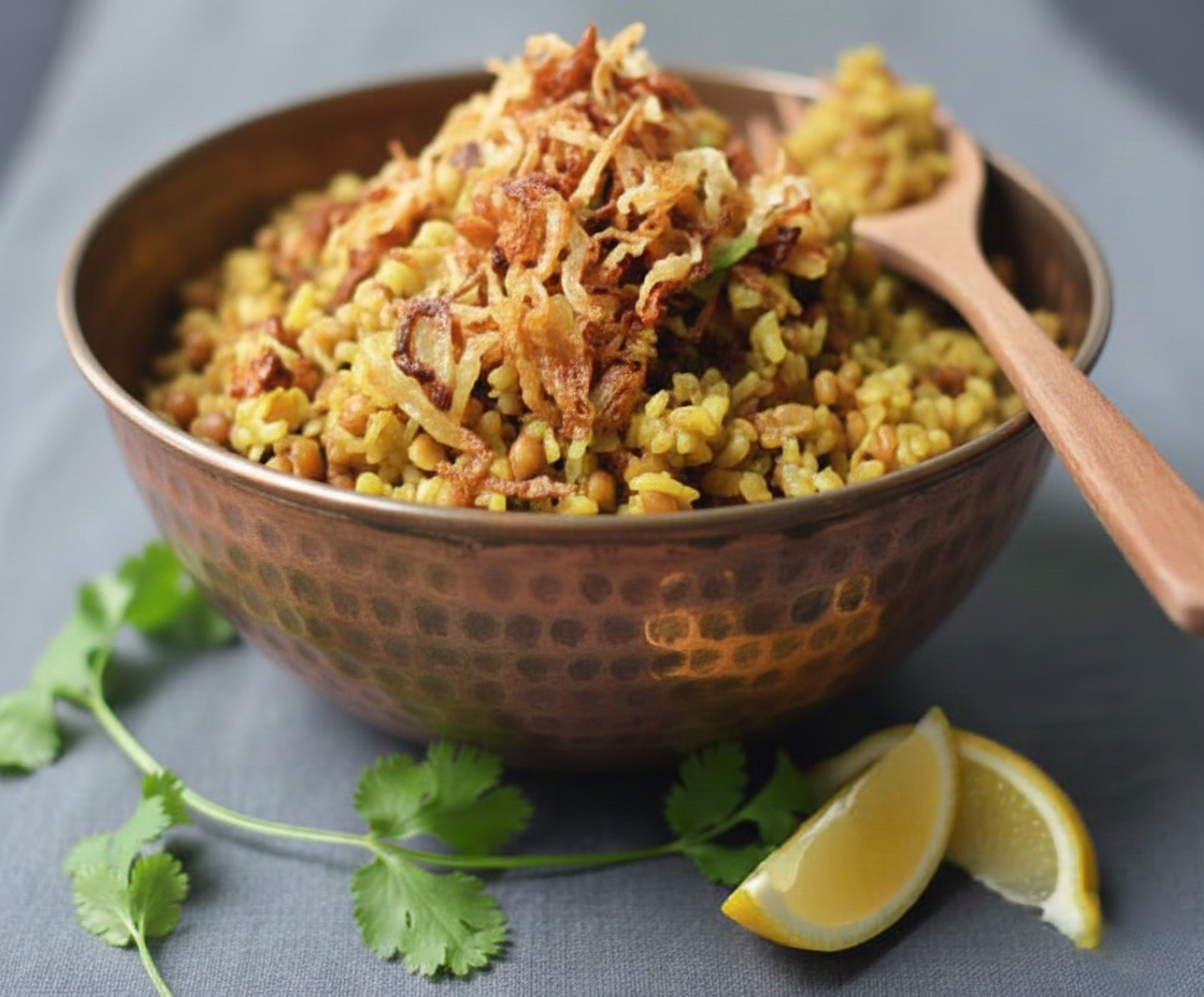 You are currently viewing كشري العدس الأصفر (الكشري الإسكندراني) – وجبة اقتصادية وسريعة بلمسة شيف تيتا