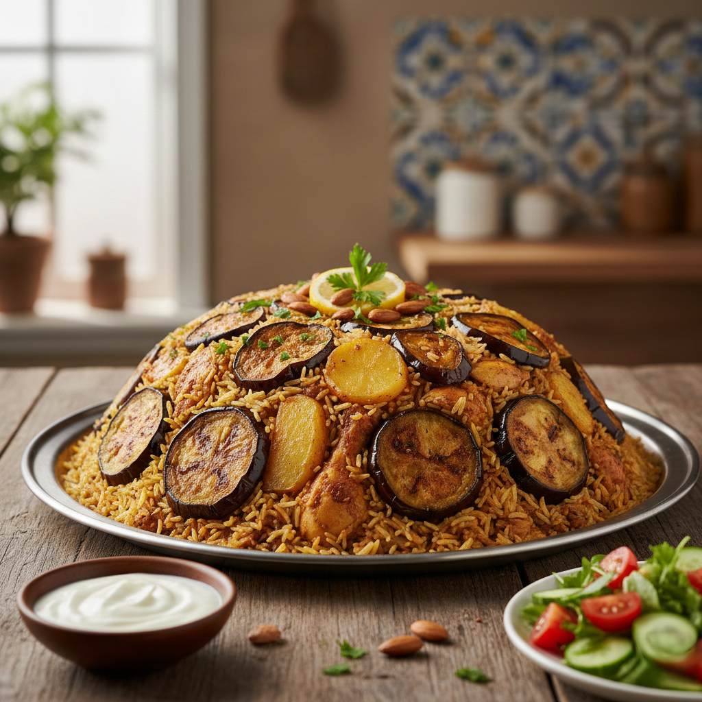 You are currently viewing مقلوبة الدجاج الفلسطينية – أسرار القالب المتماسك والخضروات المقرمشة مع شيف تيتا