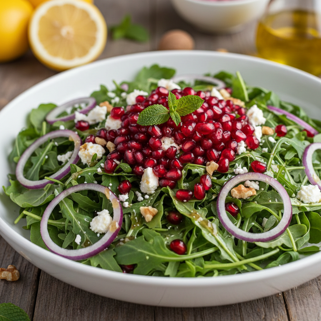 You are currently viewing سلطة الجرجير والرمان – السر في “الدريسنج” الحامض والمبتكر مع شيف تيتا