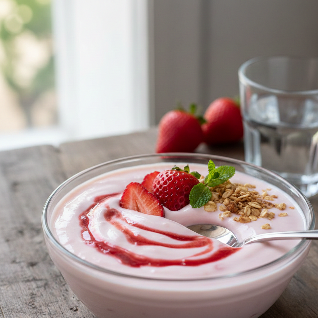 You are currently viewing زبادي الفراولة الطبيعي – قوام كريمي ولون وردي مبهج بلمسة شيف تيتا