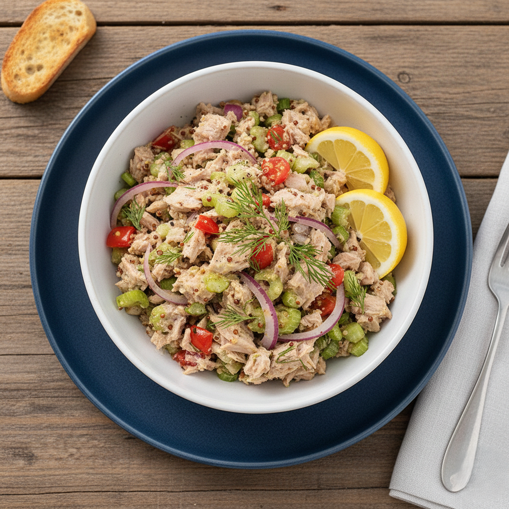 You are currently viewing سلطة التونة الصحية – وجبة “الإنقاذ” السريعة والسر في التخلص من “زفارة” السمك