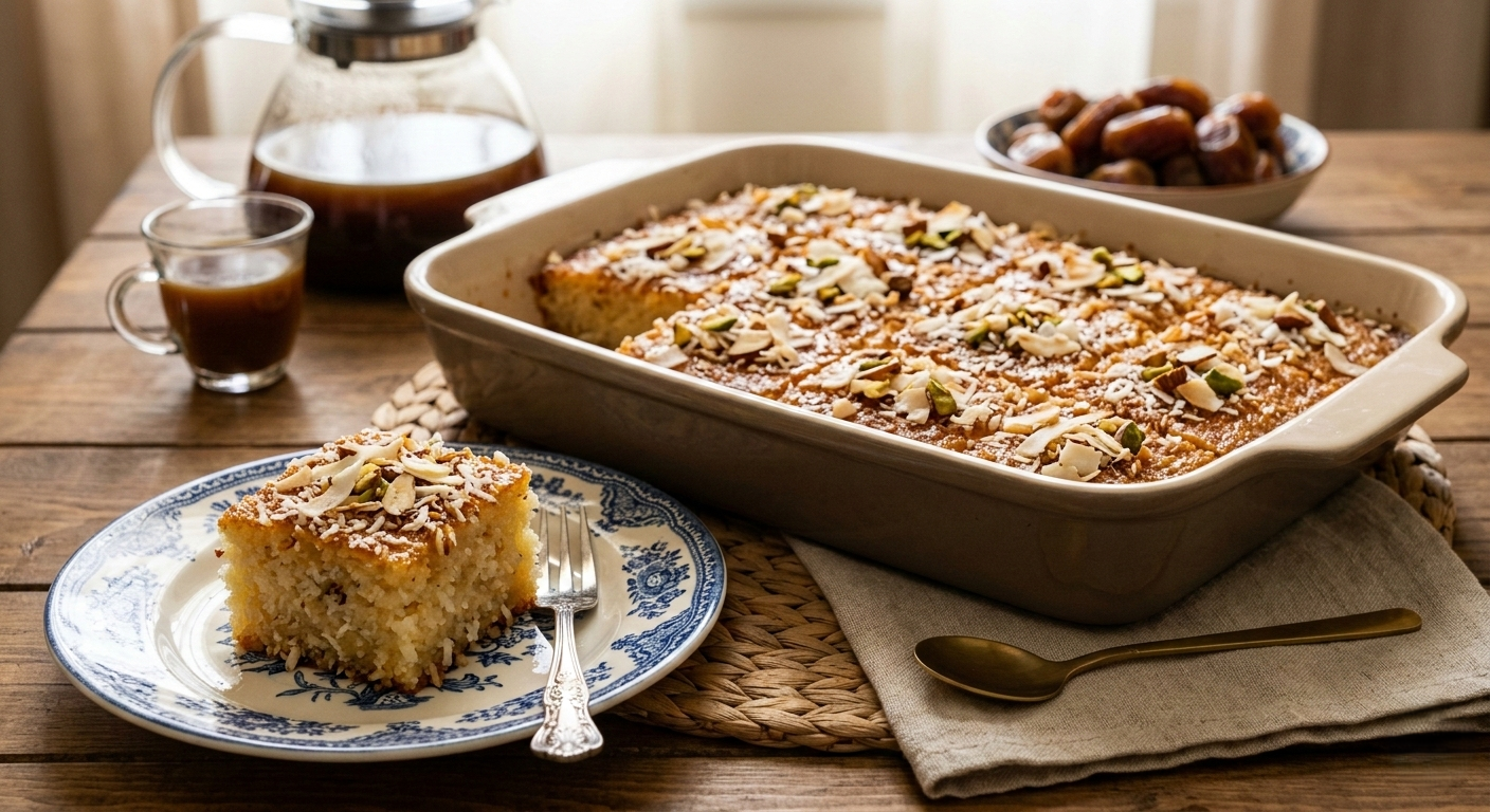 You are currently viewing كيكة جوز الهند الهشة – أسرار القوام الرطب واللون الذهبي مع شيف تيتا
