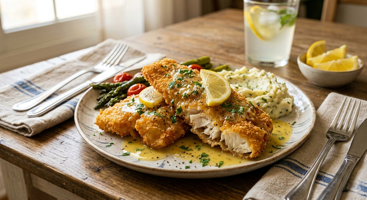 You are currently viewing سمك فيليه مقرمش بصوص الليمون والزبدة – أسرار التتبيلة الذهبية مع شيف تيتا