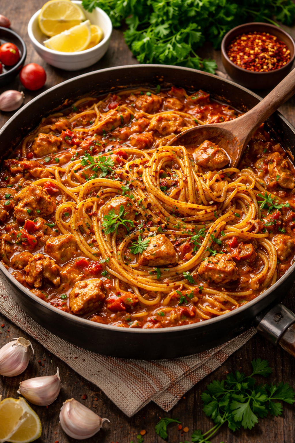 You are currently viewing مبكبكة ليبية بالسباجيتي – أسرار الصلصة المسبكة والطعم الحار مع شيف تيتا