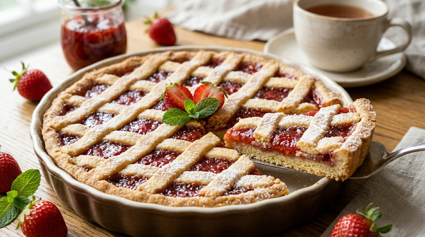 You are currently viewing كعكة مربى الفراولة (باستا فلورا) – أسرار العجينة “المرملة” واللون الذهبي مع شيف تيتا 2026