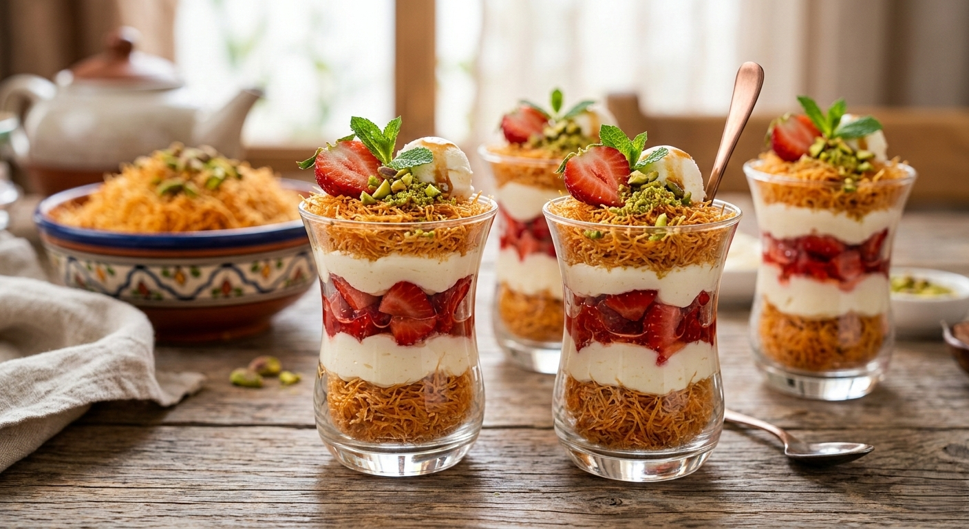 You are currently viewing كاسات الكنافة بالفراولة – أسرار القرمشة الذهبية وطبقات الكريمة مع شيف تيتا