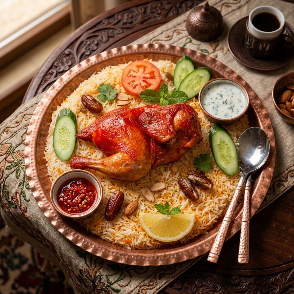 You are currently viewing مندي اللحم أو الدجاج الأصلي – أسرار الطعم المدخن، طراوة اللحم، وأرز المندي المفلفل