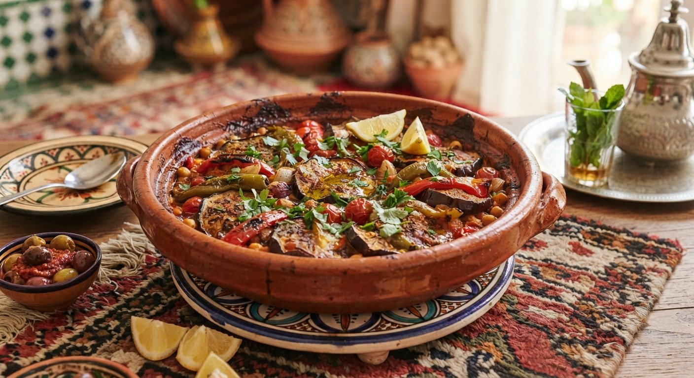 You are currently viewing صينية الباذنجان بالفرن بدون لحمة (مغربية / مسقعة نباتي فاخرة) – أسرار القوام الكريمي، تقليل امتصاص الزيت، والنكهة الغنية
