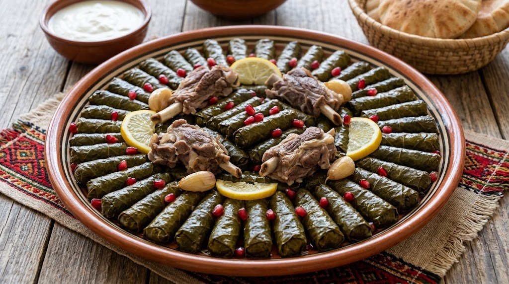 You are currently viewing يبرق ورق العنب الشامي على أصوله – أسرار اللف المحكم، حموضة دبس الرمان وقطع اللحم الملبّسة، والطهي الهادئ