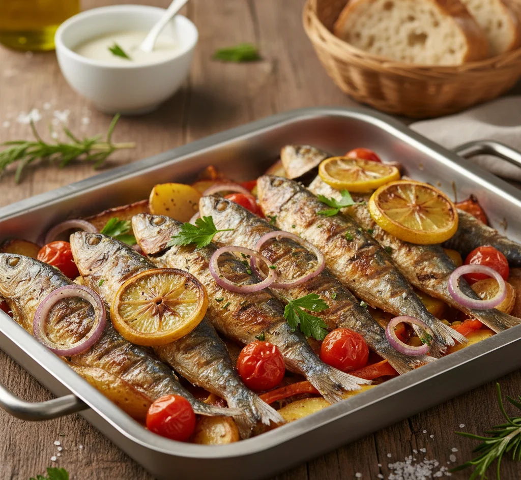 You are currently viewing صينية السردين بالليمون والخضروات – طعم بحري أصيل بلمسة شيف تيتا